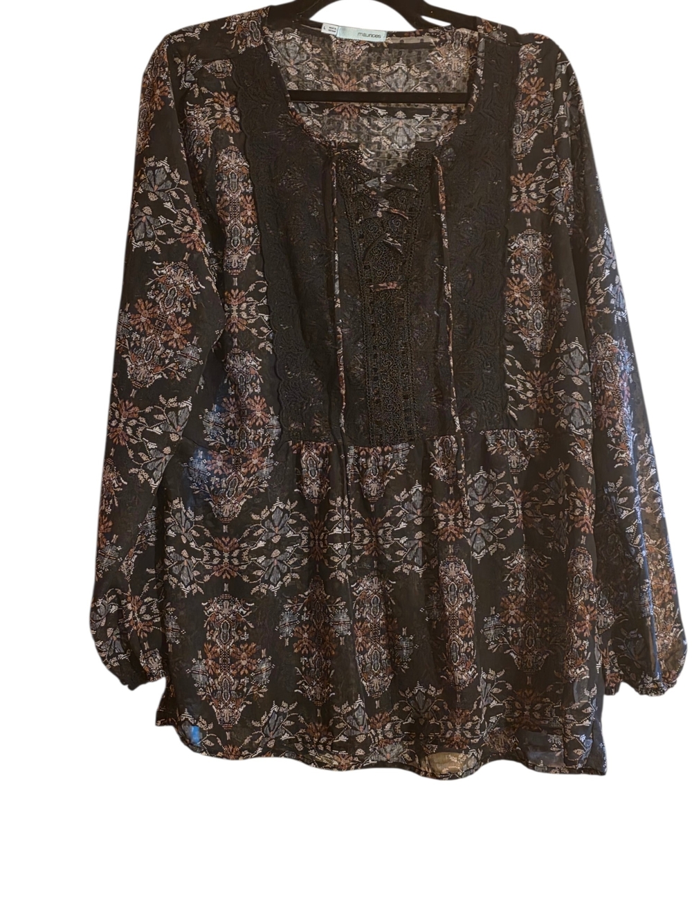 Maurices Black Floral Lace-Trim Peasant Tunic sheer and elegant - Picture 1 of 5